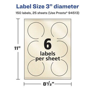 Avery Laser/Inkjet Round Multipurpose Labels, 3" Dia., 150 Labels/Pack (94513)