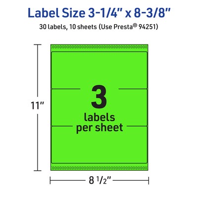 Avery Laser/Inkjet Multipurpose Rectangle Labels, 3-1/4" x 8-3/8", Neon Green, 30/Pack (94251)