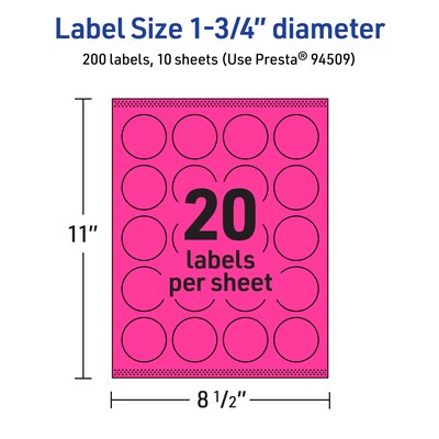 Avery Laser/Inkjet Round Multipurpose Labels, 1.75" Dia., Neon Magenta, 200/Pack (94509)
