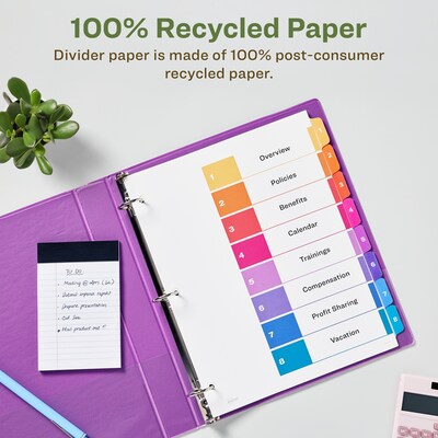 Avery Ready Index Table of Contents EcoFriendly Paper Dividers, 1-8 Tabs, Multicolor, 3 Sets/Pack (11081)