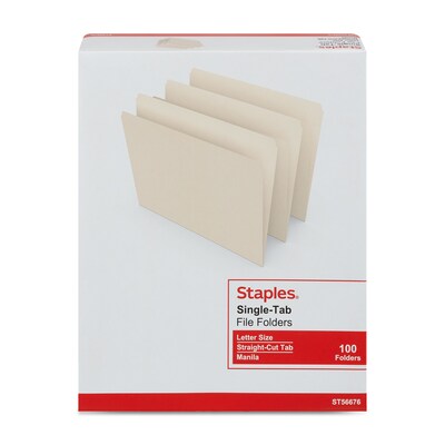 Staples® 30% Recycled File Folders, Single Tab, Letter Size, Manilla, 100/Box (ST56676-CC)