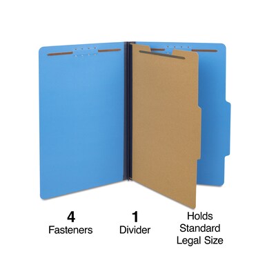 Quill Brand® 2/5-Cut Tab Pressboard Classification File Folders, 1-Partition, 4-Fasteners, Legal, Blue, 15/Box (747026)