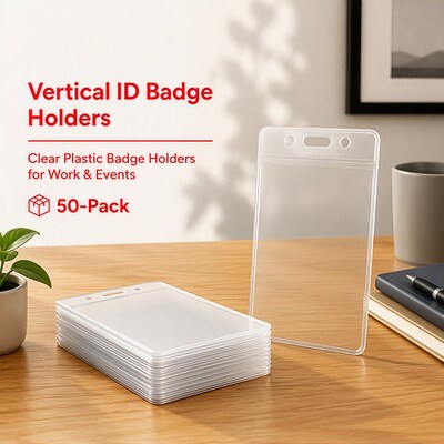 Staples Vertical ID Badge Holders – Clear Plastic Badge Holders for Work & Events, 50-Pack