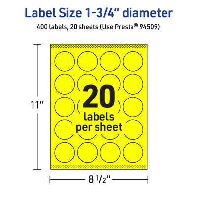 Avery Laser/Inkjet Round Multipurpose Labels, 1.75" Dia., Neon Yellow, 400/Pack (94509)
