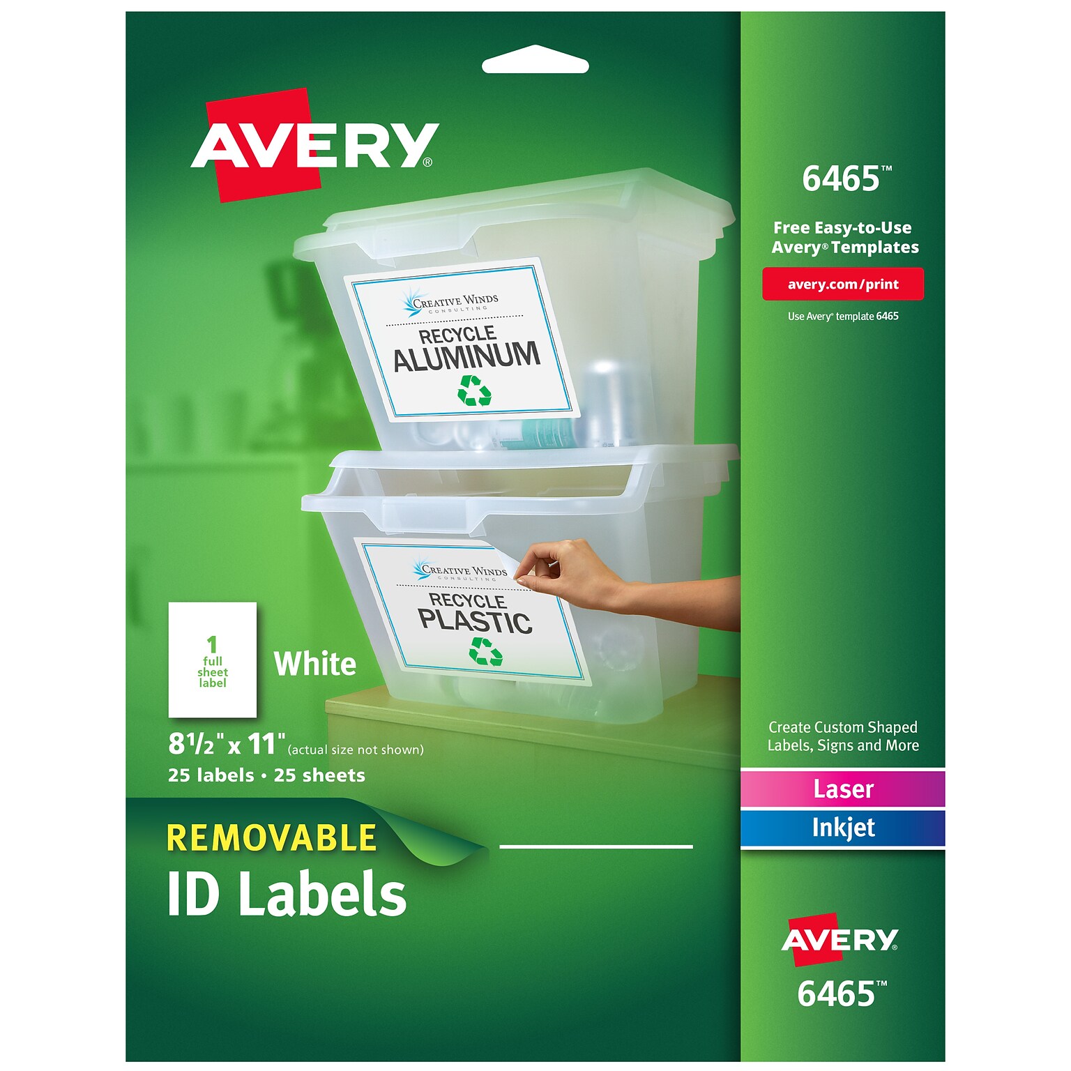 Avery Removable Laser ID Labels, 8-1/2 x 11, White, 1 Label/Sheet, 25 Sheets/Pack (6465)