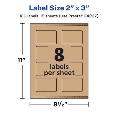 Avery Laser/Inkjet Rectangle Multipurpose Labels, 2" x 3", Kraft Brown, 120 Labels/Pack (94237)