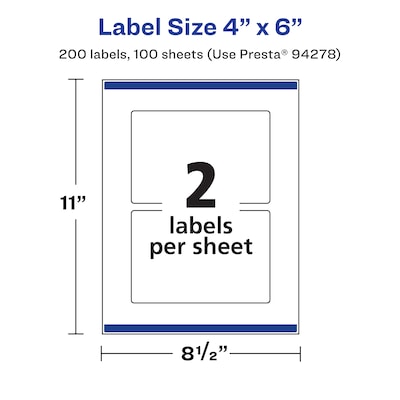 Avery Laser/Inkjet Rectangle Multipurpose Labels, 4" x 6", White, 200 Labels/Box  (94278)