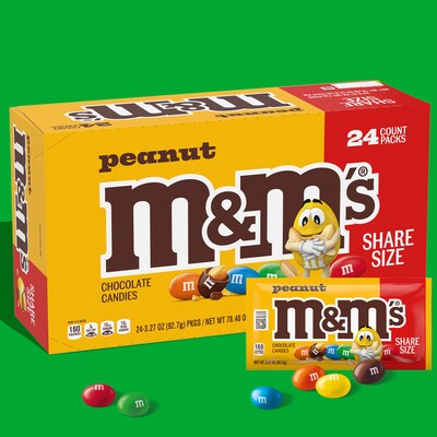 M&Ms Sharing Size Peanut Milk Chocolate Pieces, 3.27 oz., 24 Bags/Box (MMM04432)
