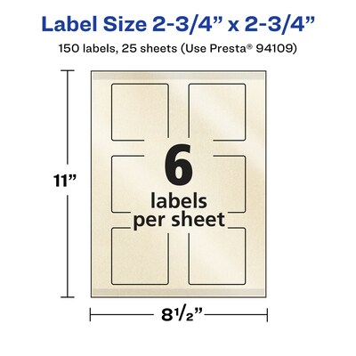 Avery Pearlized Ivory Square Multipurpose Labels, 2.75" x 2.75", Ivory, 150/Pack (94109)