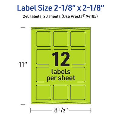Avery Laser/Inkjet Multipurpose Square Labels, 2-1/8" x 2-1/8", Bright Green, 240/Pack (94105)