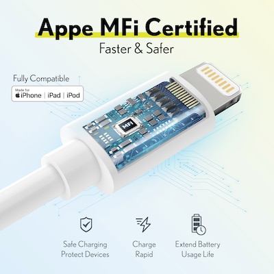 Overtime Apple MFi Certified Lighting USB 4 ft. Cable for iPhone/iPad/iPod Touch, White, 3/Pack (CE14541A)