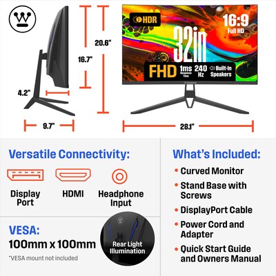 Westinghouse 32" Curved FHD 240Hz LED AMD FreeSync Gaming Monitor, Built-In Speaker, Black (WC32RX6250)