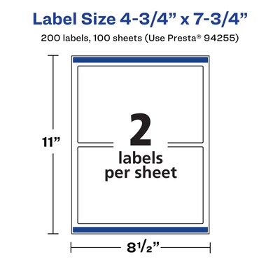 Avery Laser/Inkjet Rectangle Multipurpose Labels, 4.75" x 7.75", White, 200 Labels/Box (94255)