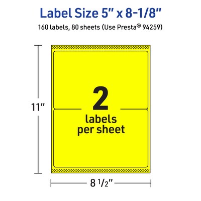 Avery Rectangle Multipurpose Labels, 5" x 8-1/8", Neon Yellow, 160/Box (94259)