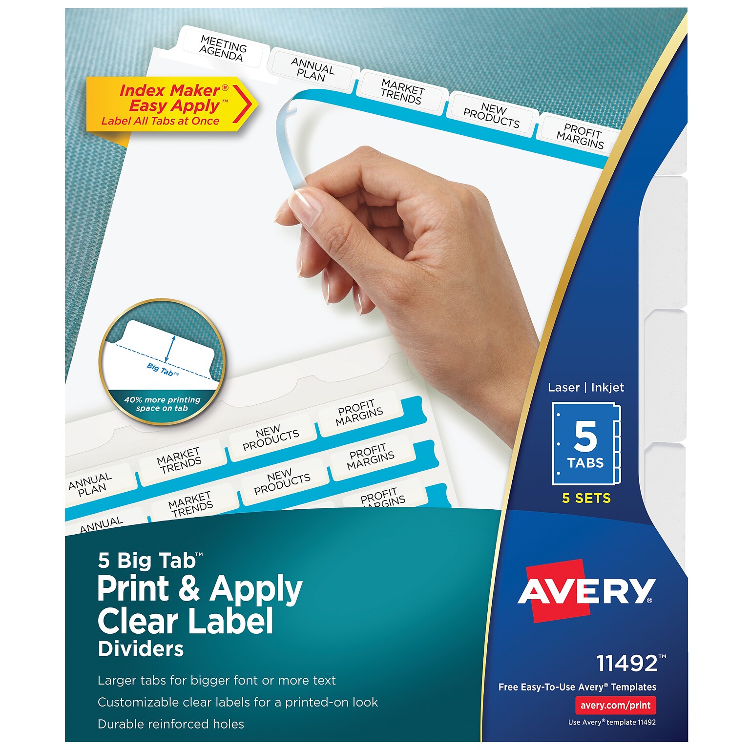 Avery Index Maker Big Tab Paper Dividers with Print & Apply Label Sheets, 5 Tabs, White, 5 Sets/Pack (11492)