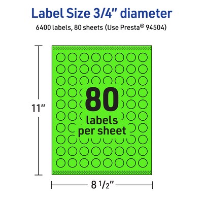 Avery Laser/Inkjet Multipurpose Circle Labels, 0.75" Dia., Neon Green, 6400/Box (94504)