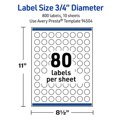Avery Round Laser Multipurpose Labels, 0.75" Dia., White, 800/Pack (19479399416)