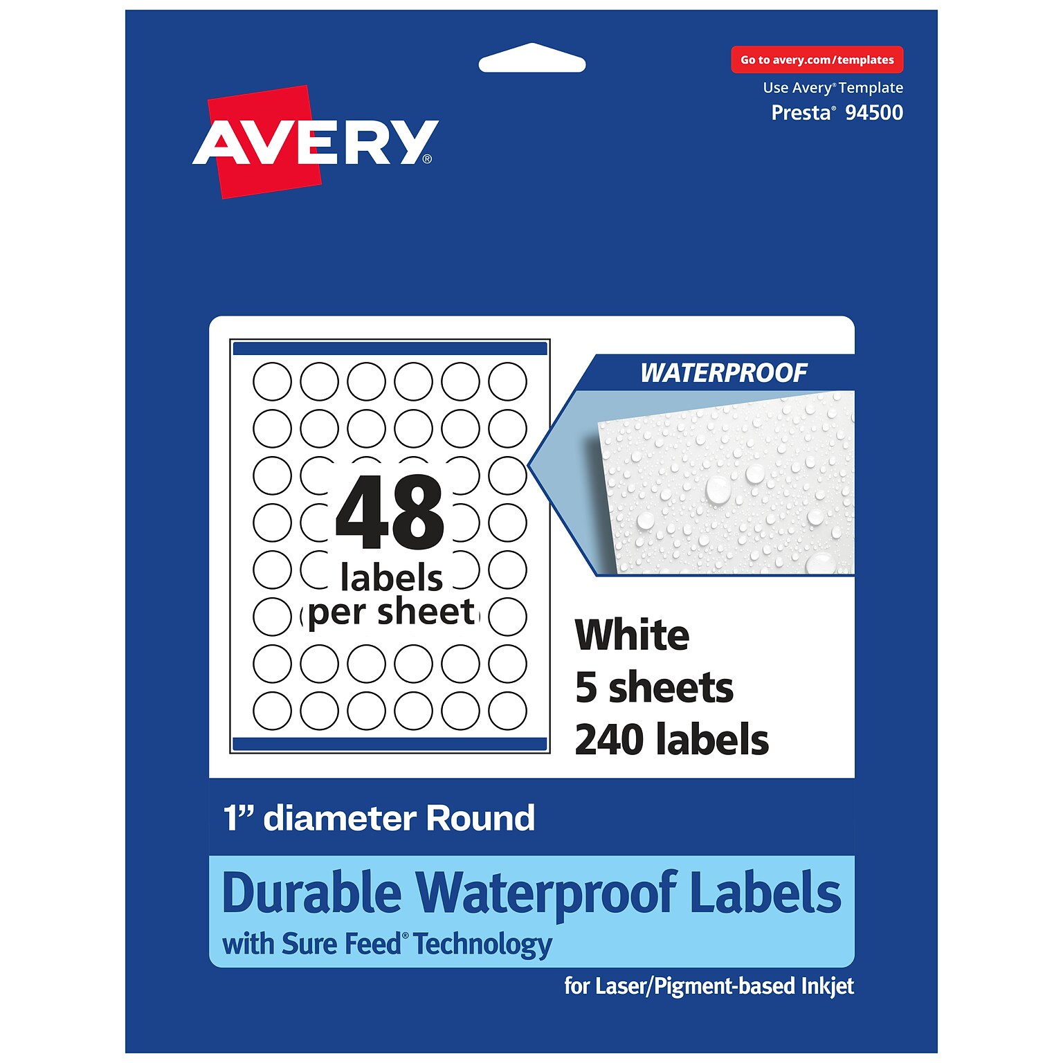 Avery Laser/Inkjet Round Multipurpose Labels, 1 Dia., White, 240 Labels/Pack (94500)