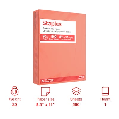 Staples Pastel 30% Recycled Color Copy Paper, 20 lbs., 8.5 x 11, Salmon, 500/Ream (14783)