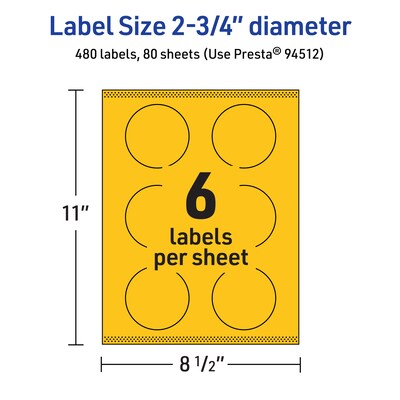 Avery Laser/Inkjet Round Multipurpose Labels, 2.75" Dia., Bright Yellow, 480/Box (94512)