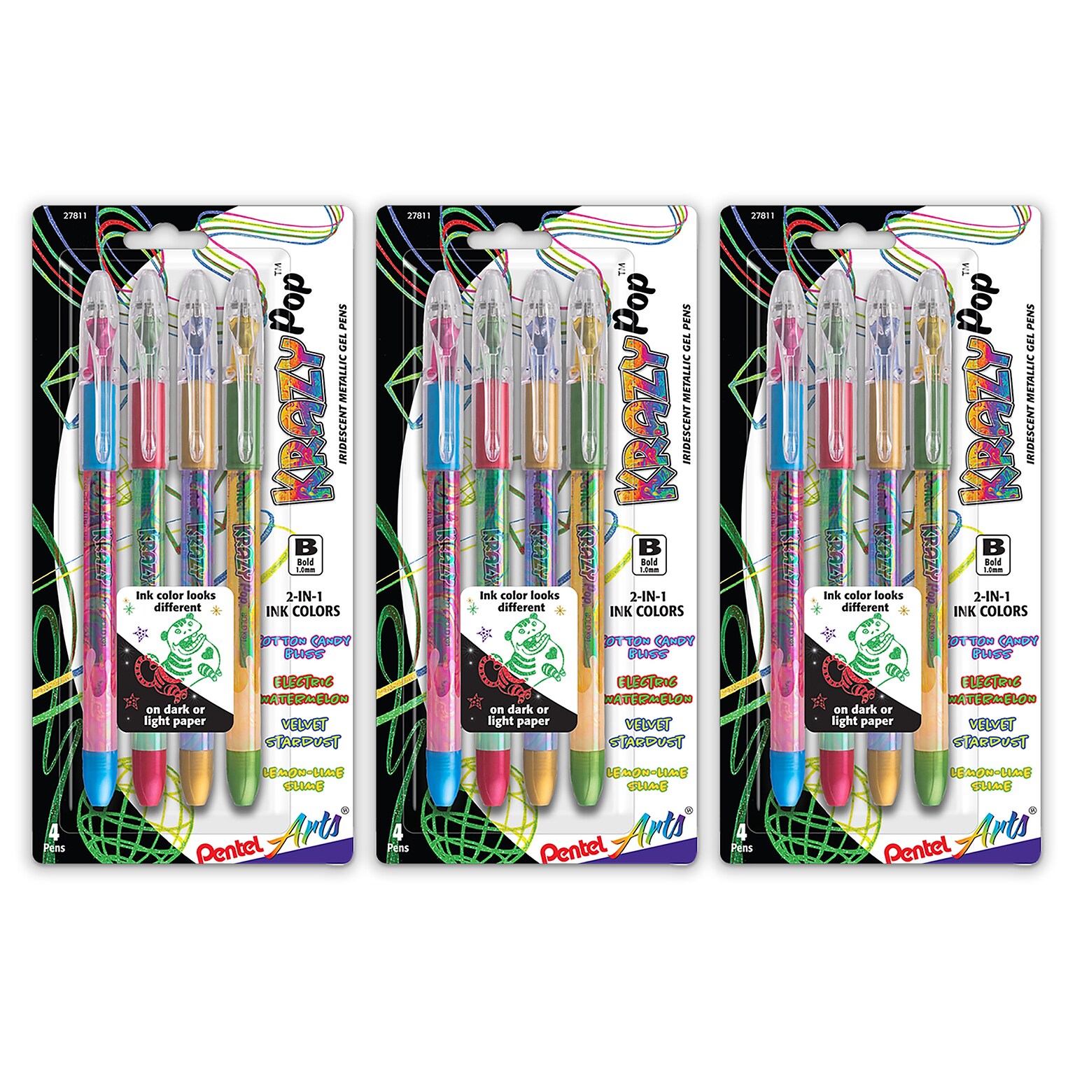 Pentel Arts Krazy Pop Iridescent Gel Pen, 1.0mm Bold line, Assorted Ink, 4 Per Set, 3 Sets (PTAK91PABP4M3-3)