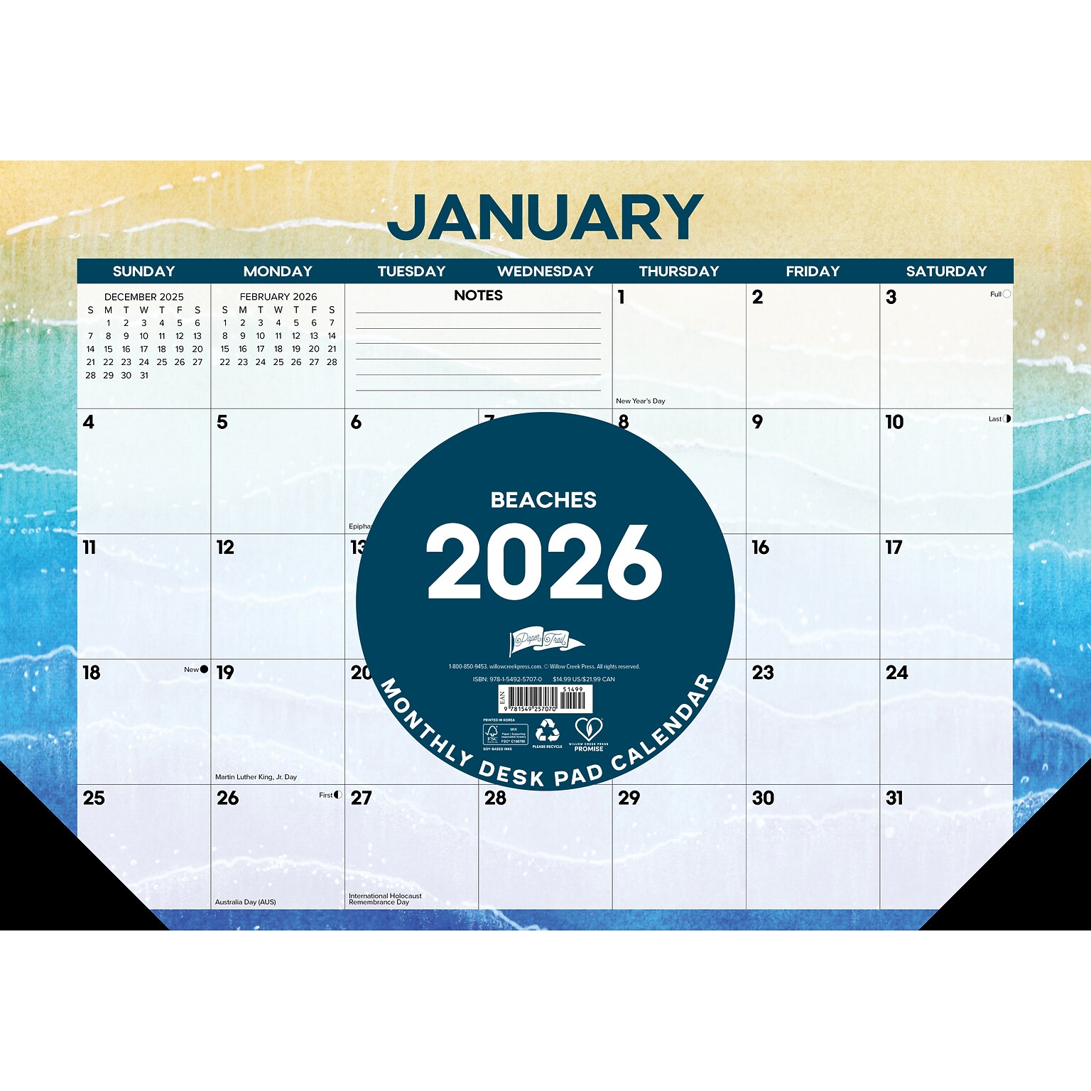 2026 Willow Creek Beaches 17 x 12 Monthly Desk Pad Calendar (57070X)