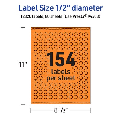 Avery Laser/Inkjet Multipurpose Circle Labels, 0.5" Dia., Bright Orange, 12320/Box (94503)