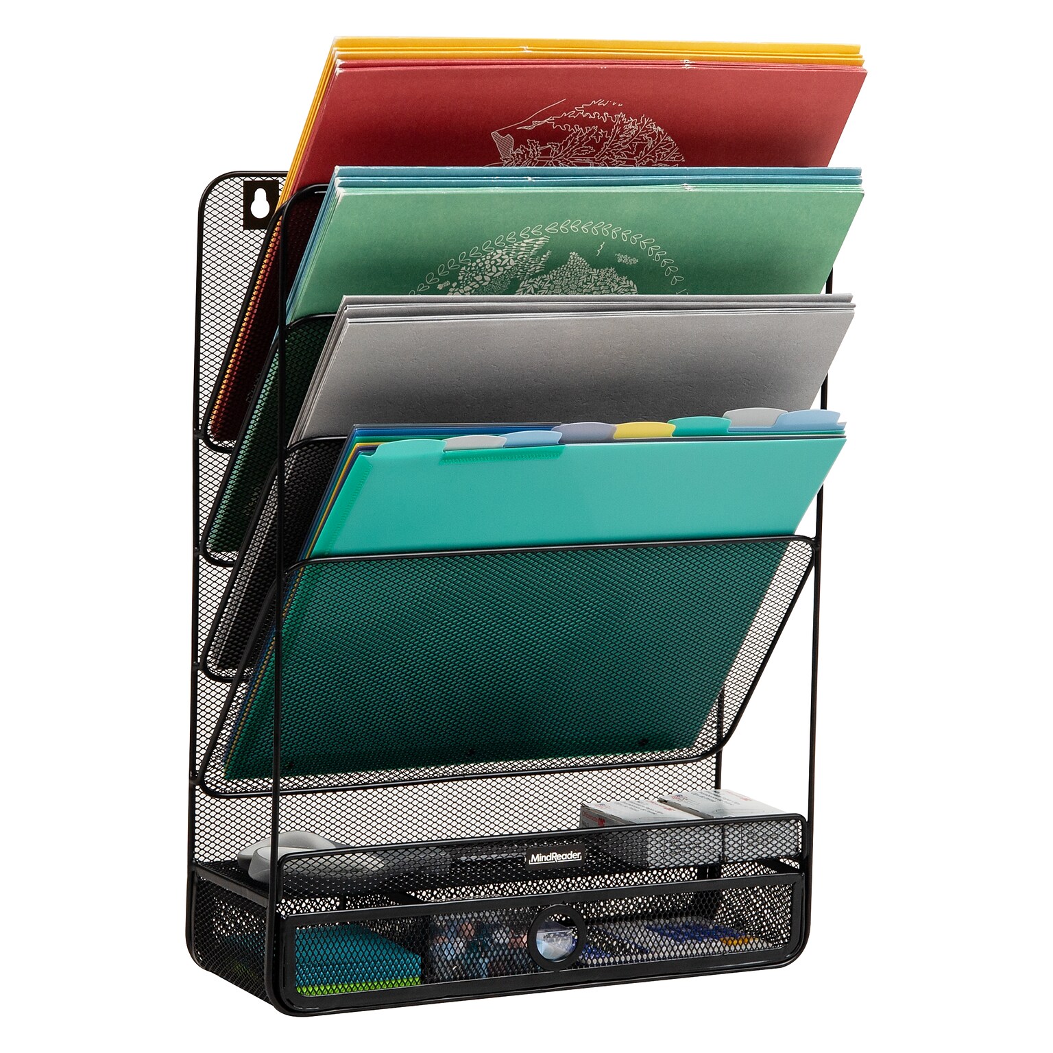 Mind Reader 4-Pocket Metal Wall Mount File Storage Desk Organizer, Black (MAGROUND-BLK)