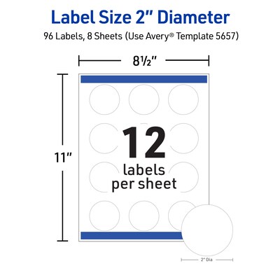 Avery Laser Waterproof Round Labels with Sure Feed, 2 1/2" dia., White, 72 Labels/Pack (5657)