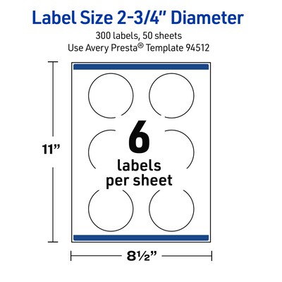 Avery Round Laser Multipurpose Labels, 2.75" Dia., White, 300/Box (19479399446)