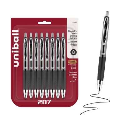 uniball 207 Retractable Gel Pens, Medium Point, 0.7mm, Black Ink, 8/Pack (1756584)