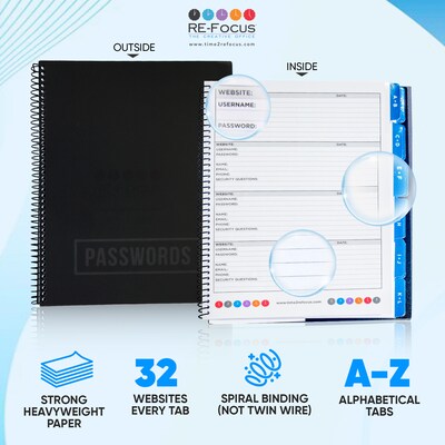 RE-FOCUS THE CREATIVE OFFICE 7.5" x 10" Large Password Keeper Book, Black (10004.5)