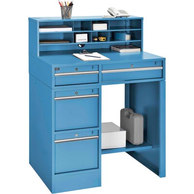 Global Industrial 38W x 29D Pedestal Shop Desk with 4 Drawers & Shelf, Blue (319063BL)