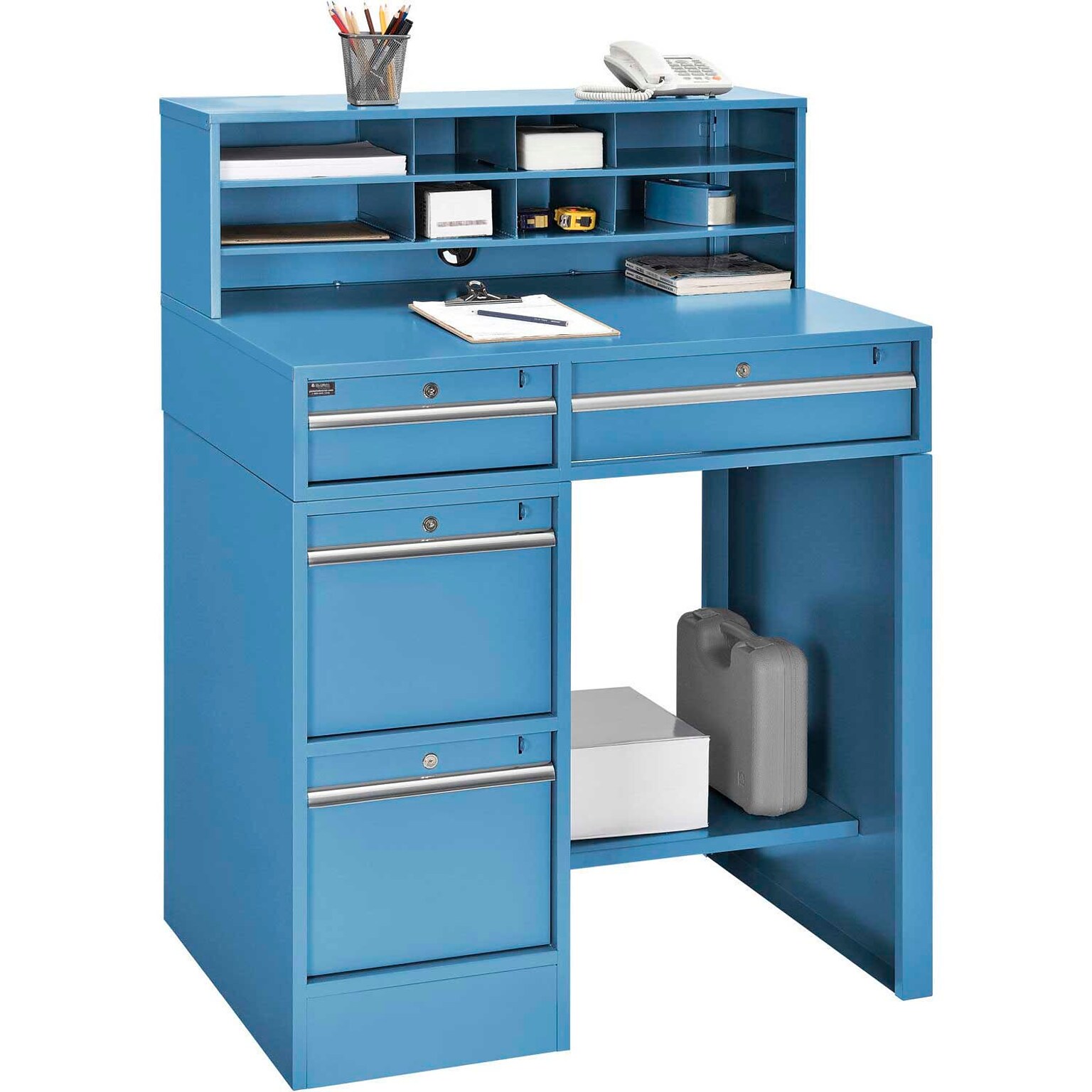 Global Industrial 38W x 29D Pedestal Shop Desk with 4 Drawers & Shelf, Blue (319063BL)