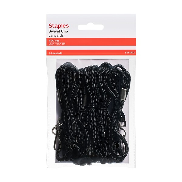 Staples Lanyard with Swivel Hook, Black, 5/Pack (51922)