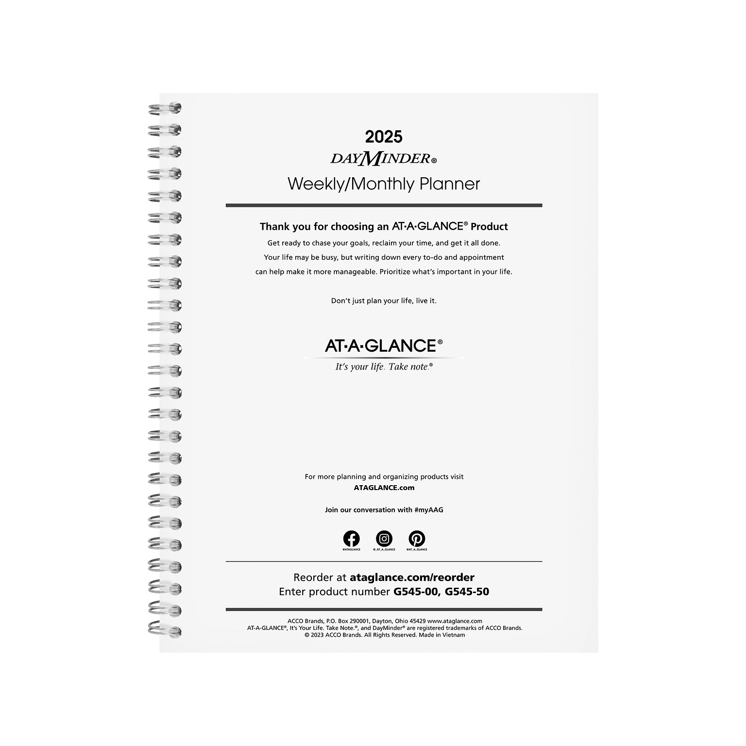 2025 AT-A-GLANCE DayMinder Executive 8.75 x 7 Weekly & Monthly Planner Refill Pages, White (G545-50-25)