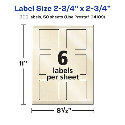 Avery Pearlized Ivory Square Multipurpose Labels, 2.75" x 2.75", Ivory, 300/Box (94109)