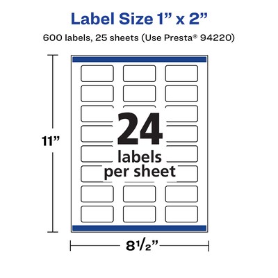 Avery Laser/Inkjet Rectangle Multipurpose Labels, 1" x 2", White, 600 Labels/Pack (94220)