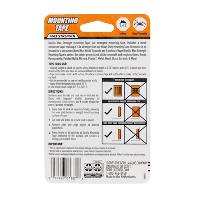 Gorilla Max Strength Indoor Double-Sided Mounting Tape, 1 x 1.67 yds., Black (112962)