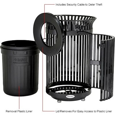 Global Industrial Outdoor Heavy-Duty Slatted Steel Trash Can w/ Door, 36 Gal., Black (641630BK)
