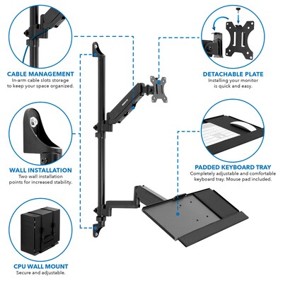 Mount-It! Adjustable Monitor Wall Mount Workstation, Up to 32", Black (MI-7991)