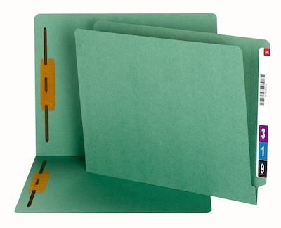 Smead 100% Recycled End Tab Fastener File Folder, Reinforced Straight-Cut Tab, 2 Fasteners, Green (34172)