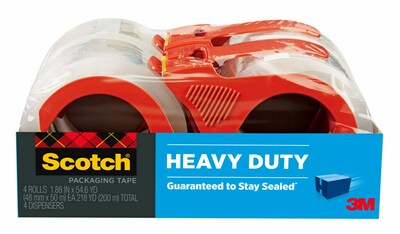 Scotch Heavy Duty Shipping Packing Tape with Dispensers, 1.88 x 54.6 yds., Clear, 4-Pack (3850-4RD)