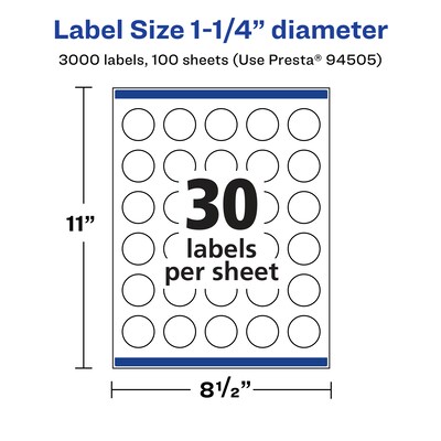 Avery Laser/Inkjet Circle Multipurpose Labels, 1-1/4" Dia., Clear, 3000/Box (94505)