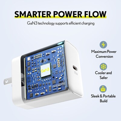Overtime W27 65W USB-C Fast Wall Charger for Laptops and Phones with GaN 3 Technology, White (OCW27WH)