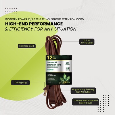 GoGreen Power 12' Extension Cord, 3-Outlet, 16 AWG, Brown (GG-24812-3)