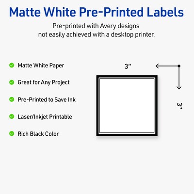 Avery Laser/Inkjet Square Multipurpose Labels, 3 x 3, White, 60/Pack (S00DM3)