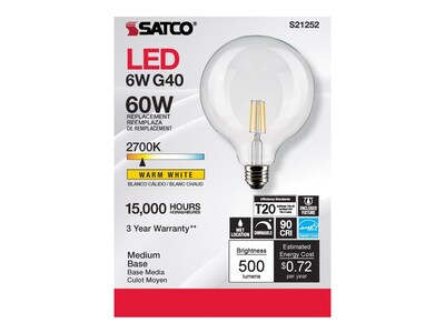 Satco Lighting 6-Watt Warm White LED Decorative Bulb, 6/Carton (S21252)