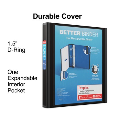 Staples® Better 1-1/2" 3 Ring View Binder with D-Rings, Black (24059)