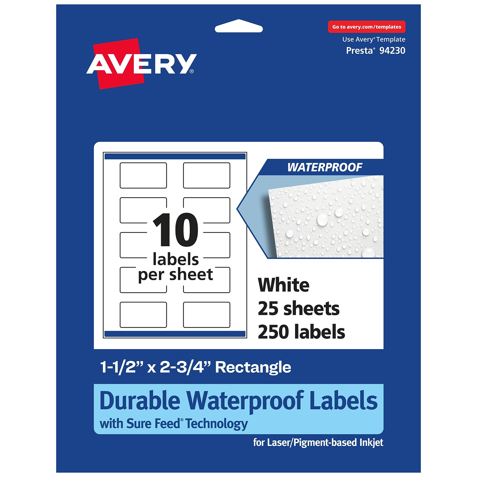 Avery Laser/Inkjet Rectangle Durable Waterproof Labels, 1.5 x 2.75, White, 250 Labels/Pack (94230)
